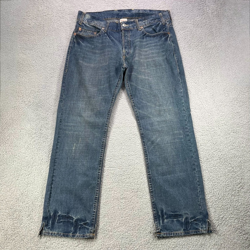 True Religion Logan Jeans Men 38 Blue Button Fly Distressed Split Hem‎ Whiskers